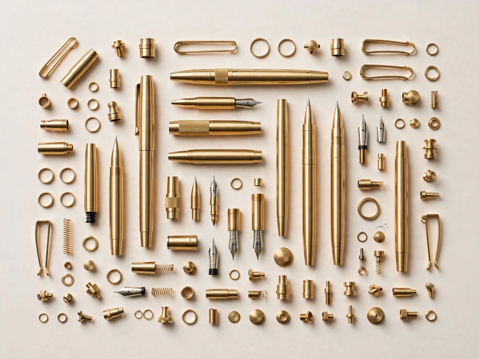 Brass pen components — barrels, tips, nibs, clips and mechanisms made in Jamnagar, India