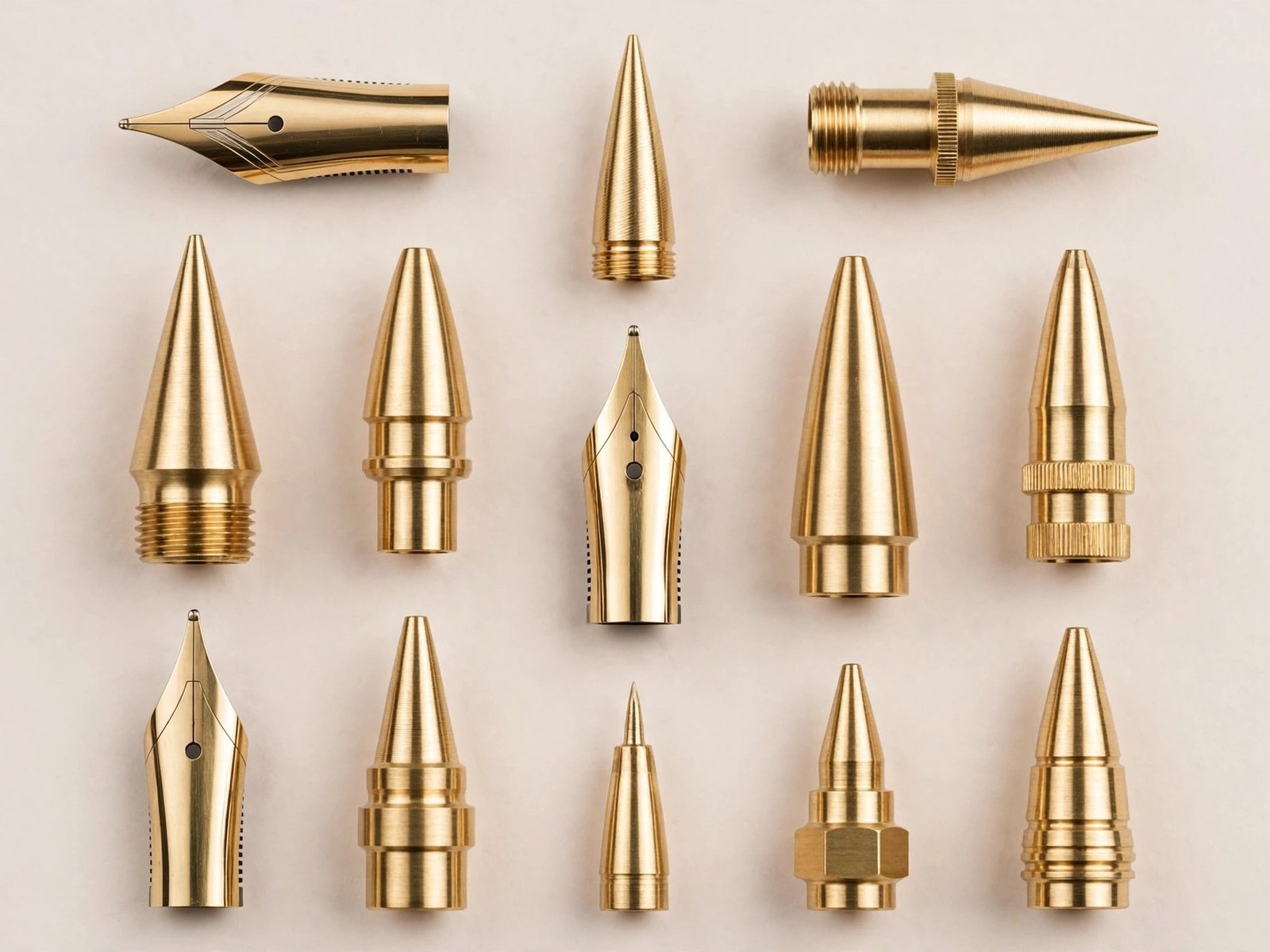 CNC-machined brass pen tips, cones and fountain nibs