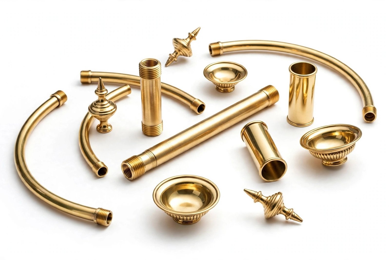 Brass chandelier parts — candle tubes, bobeches, finials and shade rings