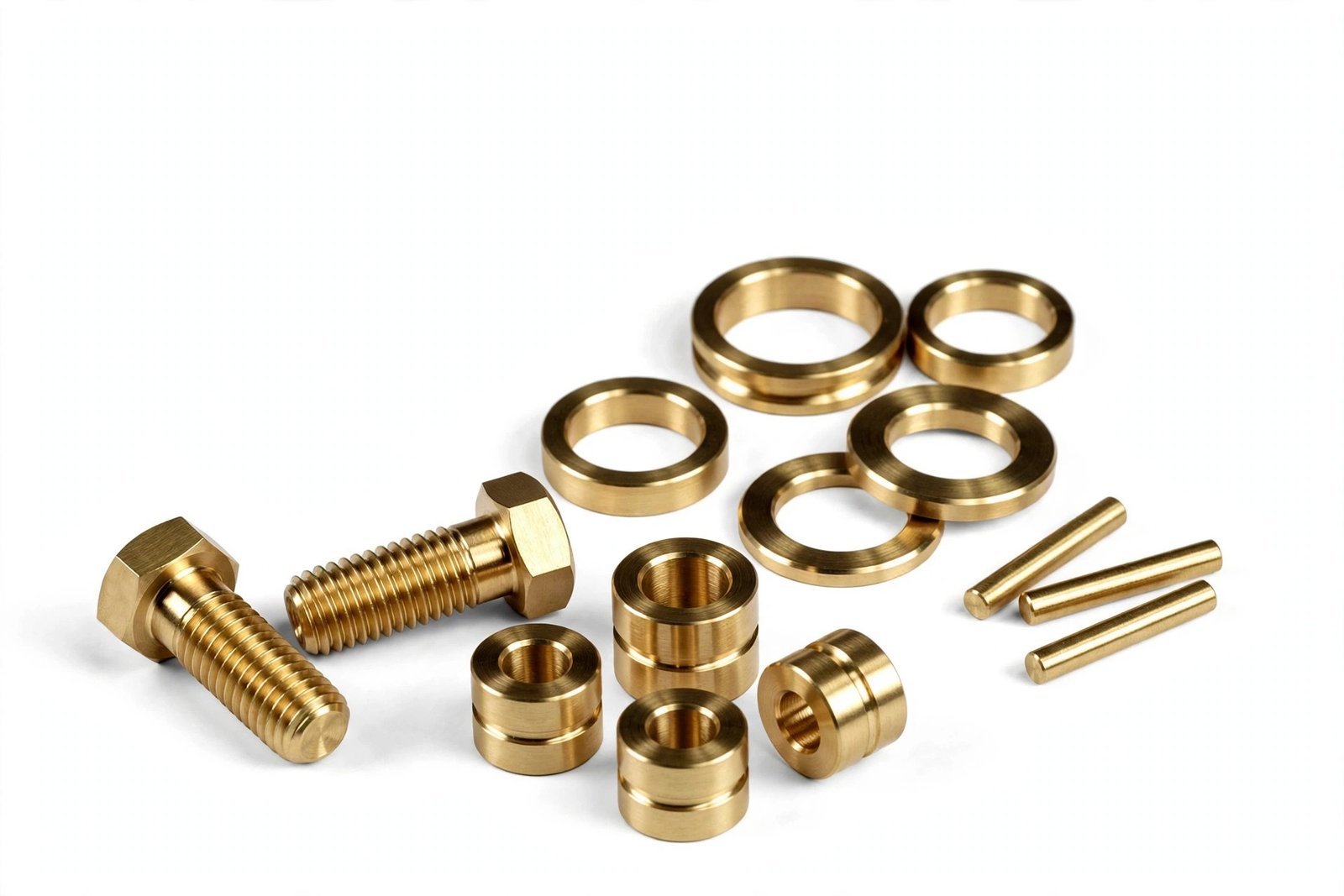 CNC-turned brass automotive parts with threaded fittings and fasteners