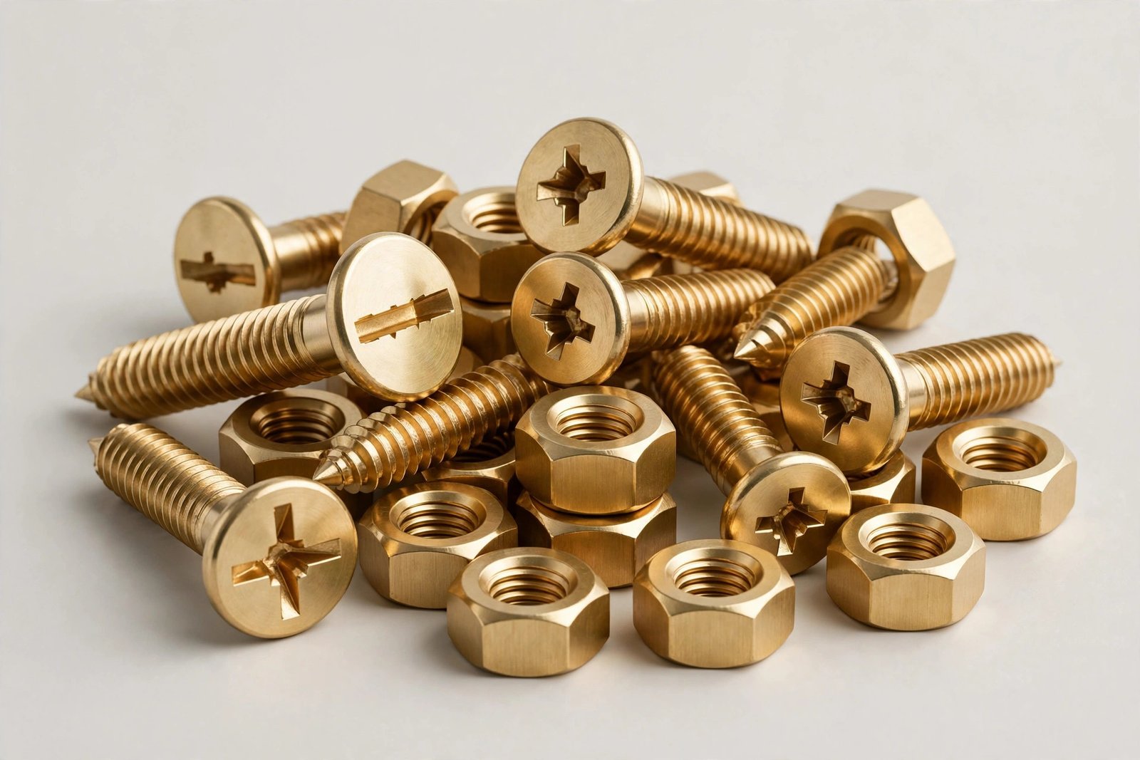 Brass screws and hex nuts, CNC-turned, for export
