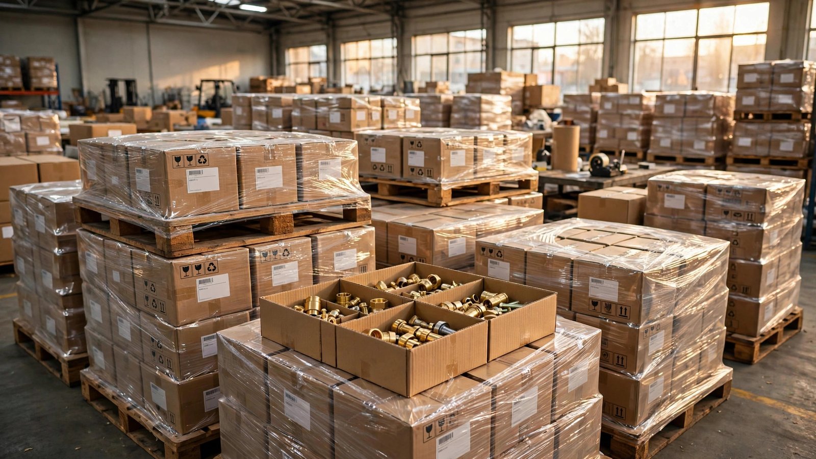 Export-ready packing of brass components on pallets at the Litebow facility