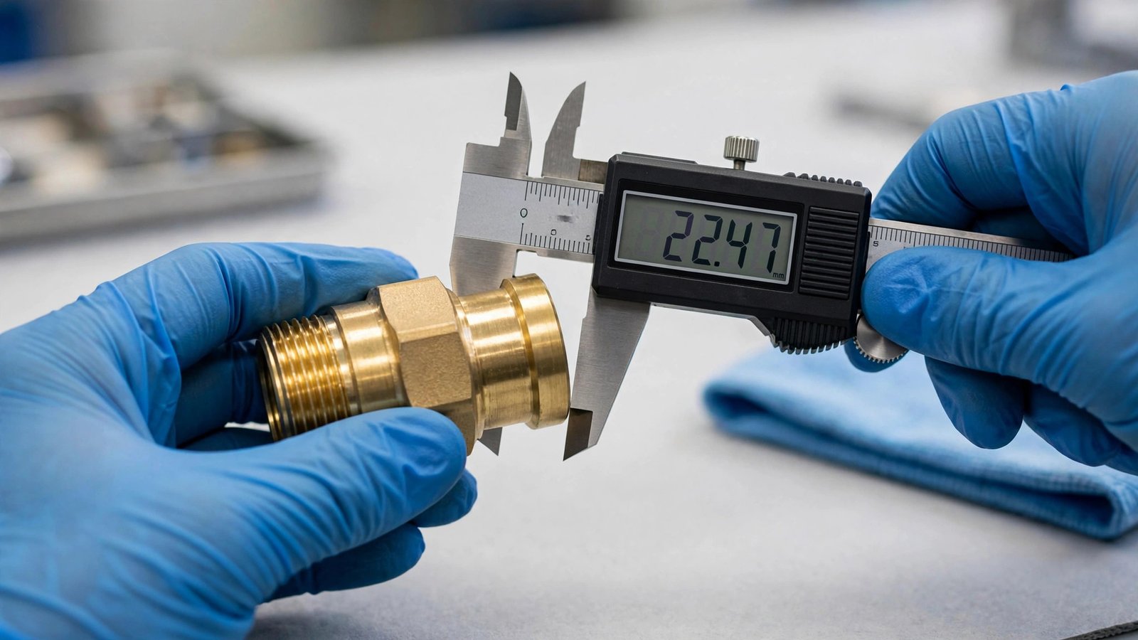 Quality inspection of a machined brass fitting with a digital caliper at Litebow